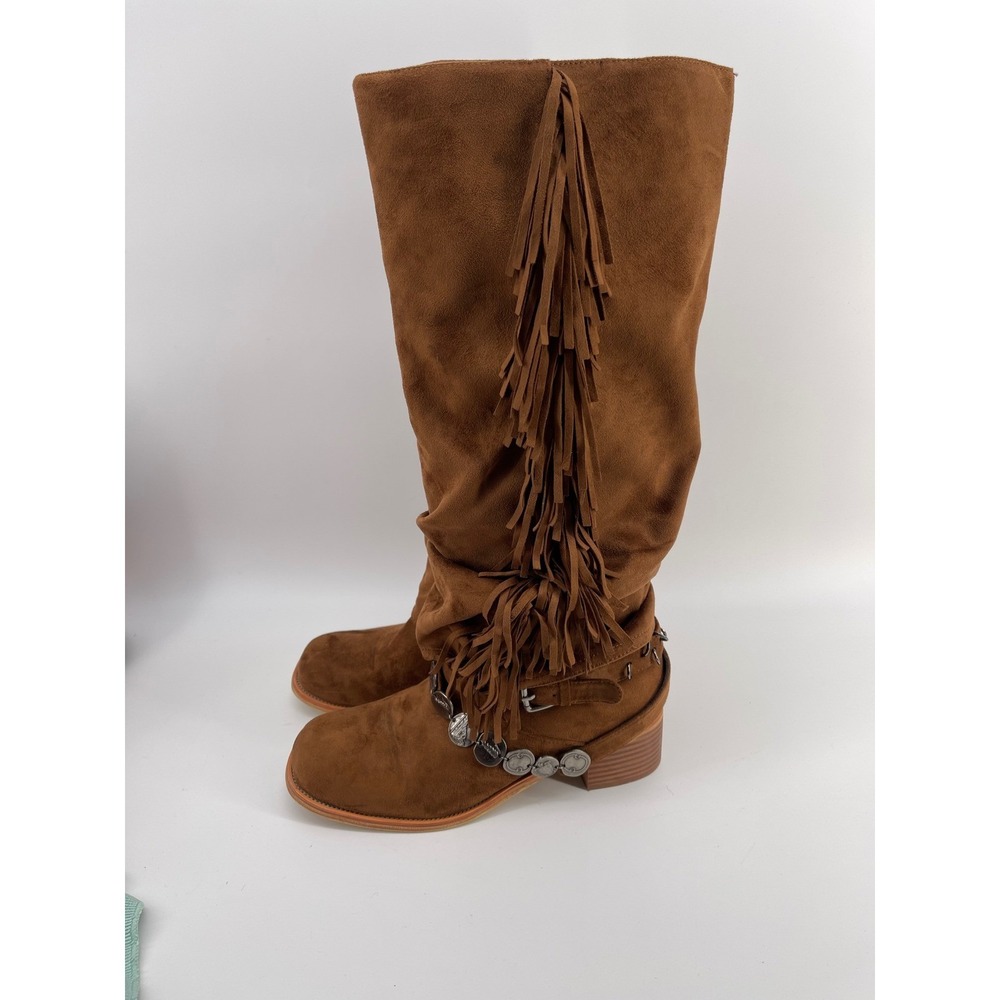Brown Faux Suede Fringe Coin Charm Western Tall Boots AM250601F Size 9.5